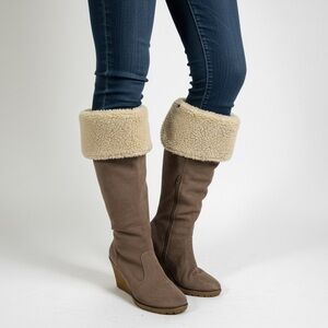 BRAVO Browns Suede Knee High Boots Sherpa Cuff Wedge 38 Women's